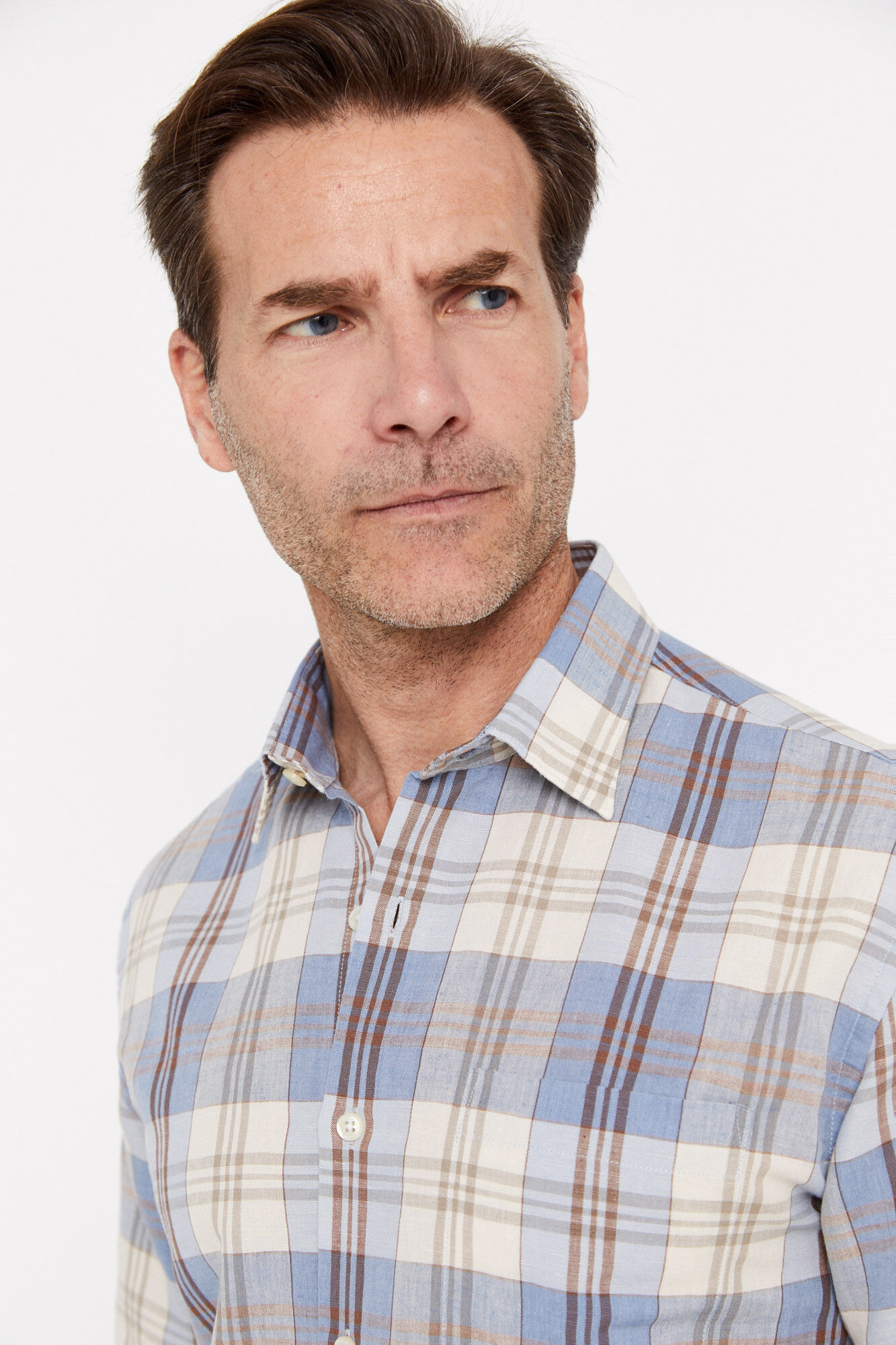Camisa xadrez de linho e algodão de manga curta - Azul