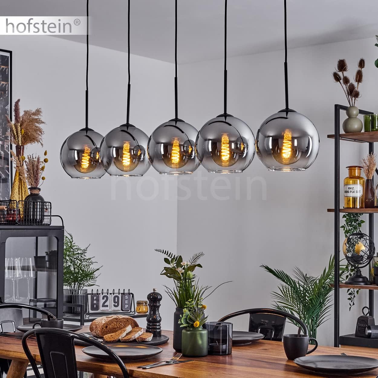 Hängeleuchte Koyoto, Hängelampe aus Metall/Glas in Schwarz/Chromfarben/Klar, Leuchte 5-flammig im Vintage/Retro Design mit Schirmen aus Glas (Ø 20 cm), Höhe max. 152,5 cm, 5 x E27, ohne Leuchtmittel
