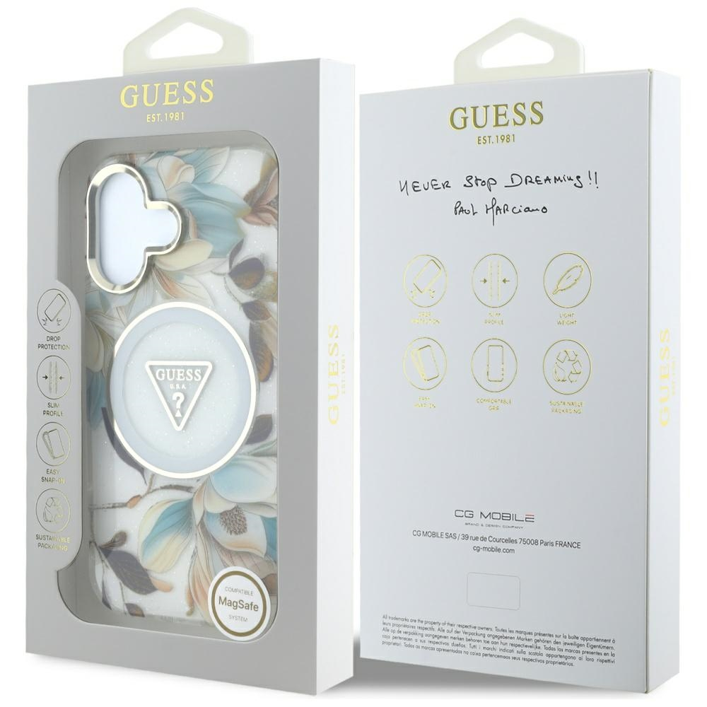 iPhone 16 MagSafe Hardcase Hülle Glitter Flowers Triangle Buttons (GUHMP16SHFLPEDH) - Braun / Weiss