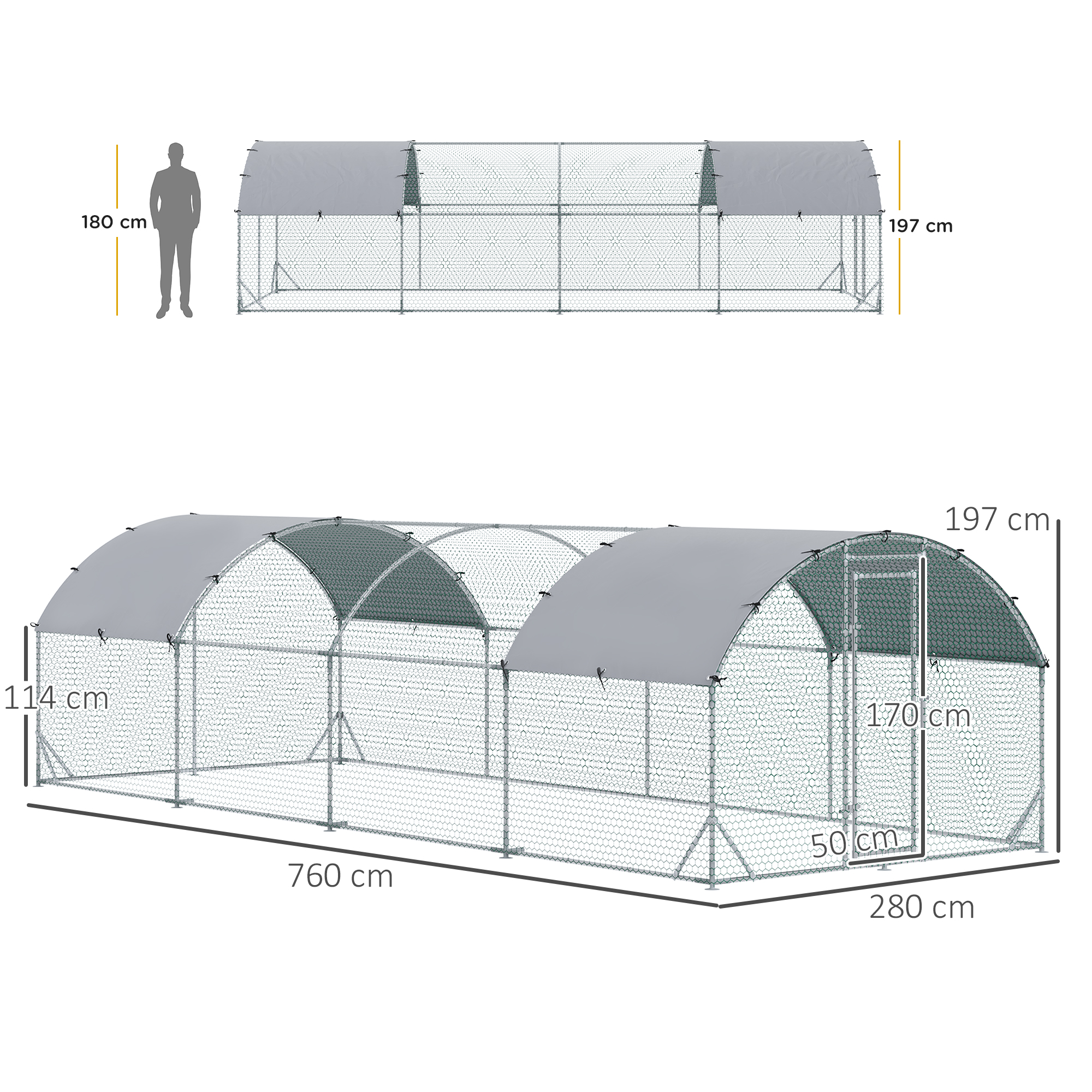 Gaiola grande para aves PawHut, em aço galvanizado, para uso externo, 280x760x197 cm, com cobertura impermeável e resistente aos raios UV em tecido Oxford, cor prata.