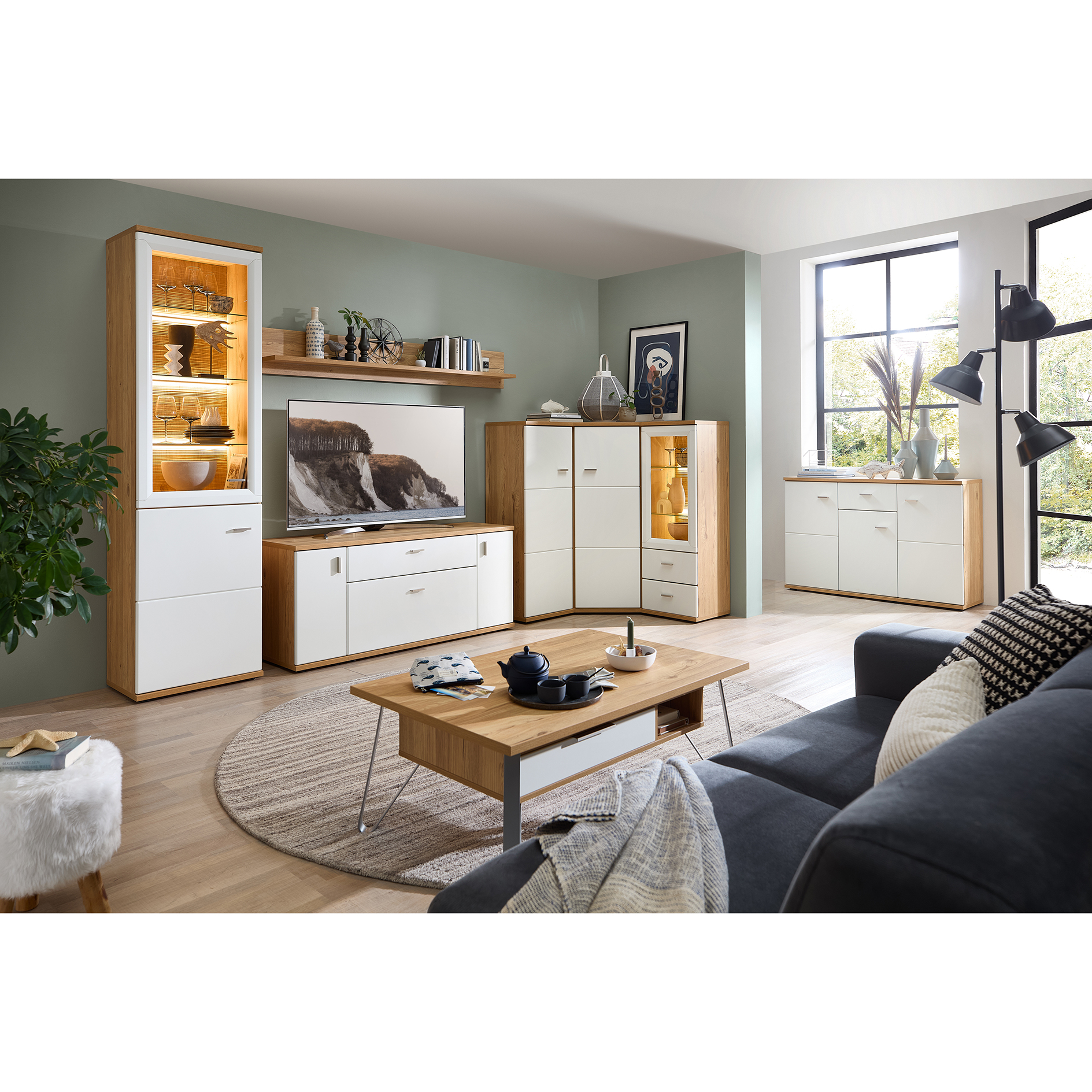 Eck-Highboard - weiß-Risseiche - 132 cm hoch