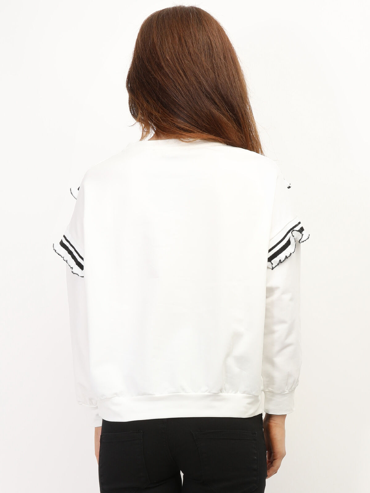 Sweat-shirt à volants contrastants- Blanc