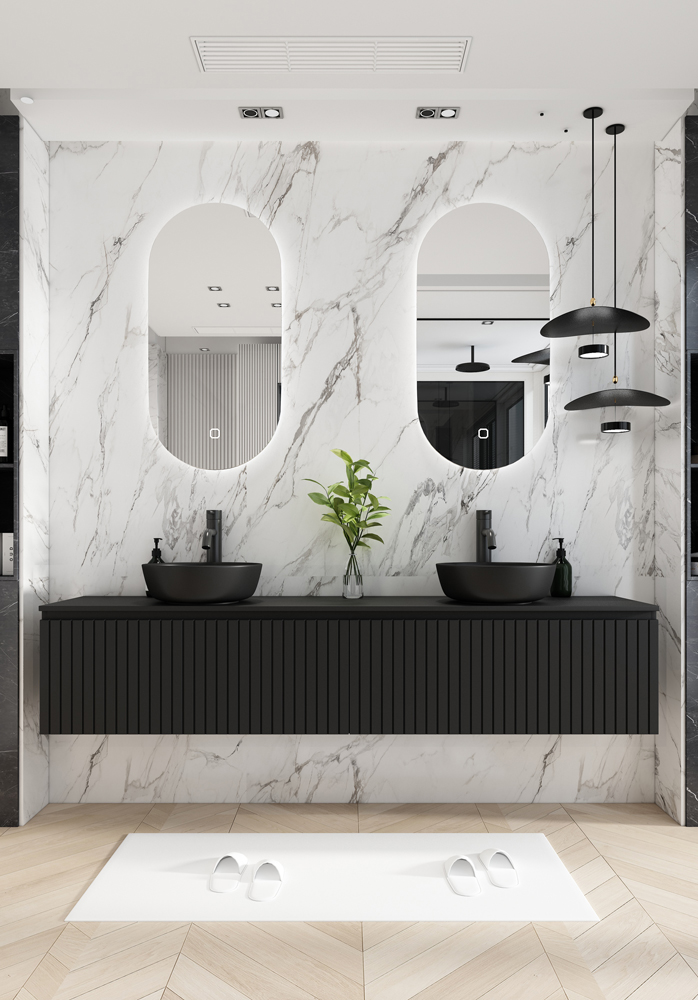 Fontana Stripe zwart badmeubel ribbelfront 200cm met zwarte waskommen en ovale LED spiegels