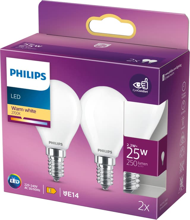 Philips classic LED-pære 2W E14 (2-pakke)