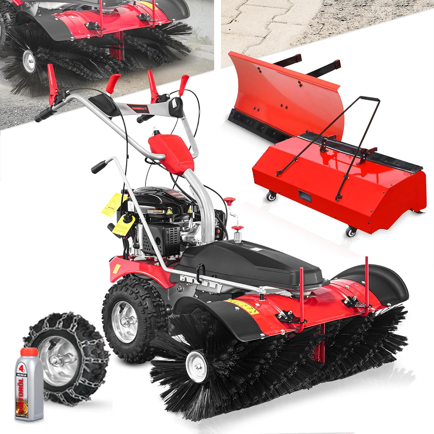 Kehrmaschine Benzin – TÜV Rheinland geprüft – GS-Zertifikat – 100 cm Kehrbürste – 196 cm3 Motor – inkl. Auffangbox Schneeschild – Maschine für große außen Flächen zum Schmutz & Schneeräumen