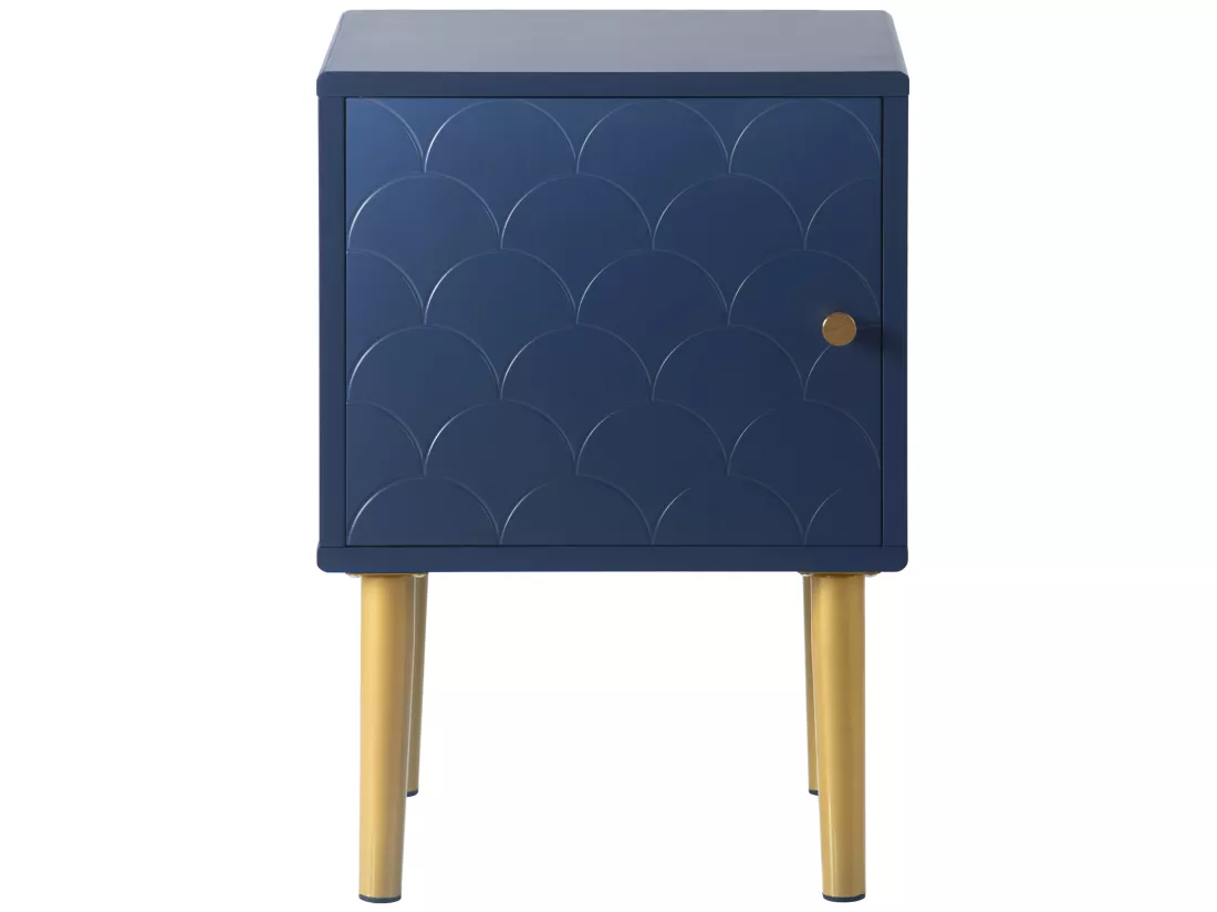 Table de chevet - motif écailles de poisson - pieds plaqués doré - bleu foncé