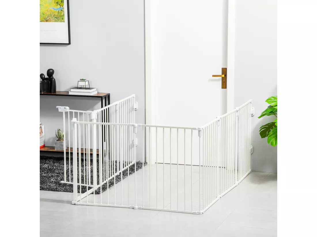 Barrière de sécurité - parc enclos chien modulable pliable - porte verrouillable - 8 panneaux acier et PP - dim. 482,5L max. x 76H cm blanc