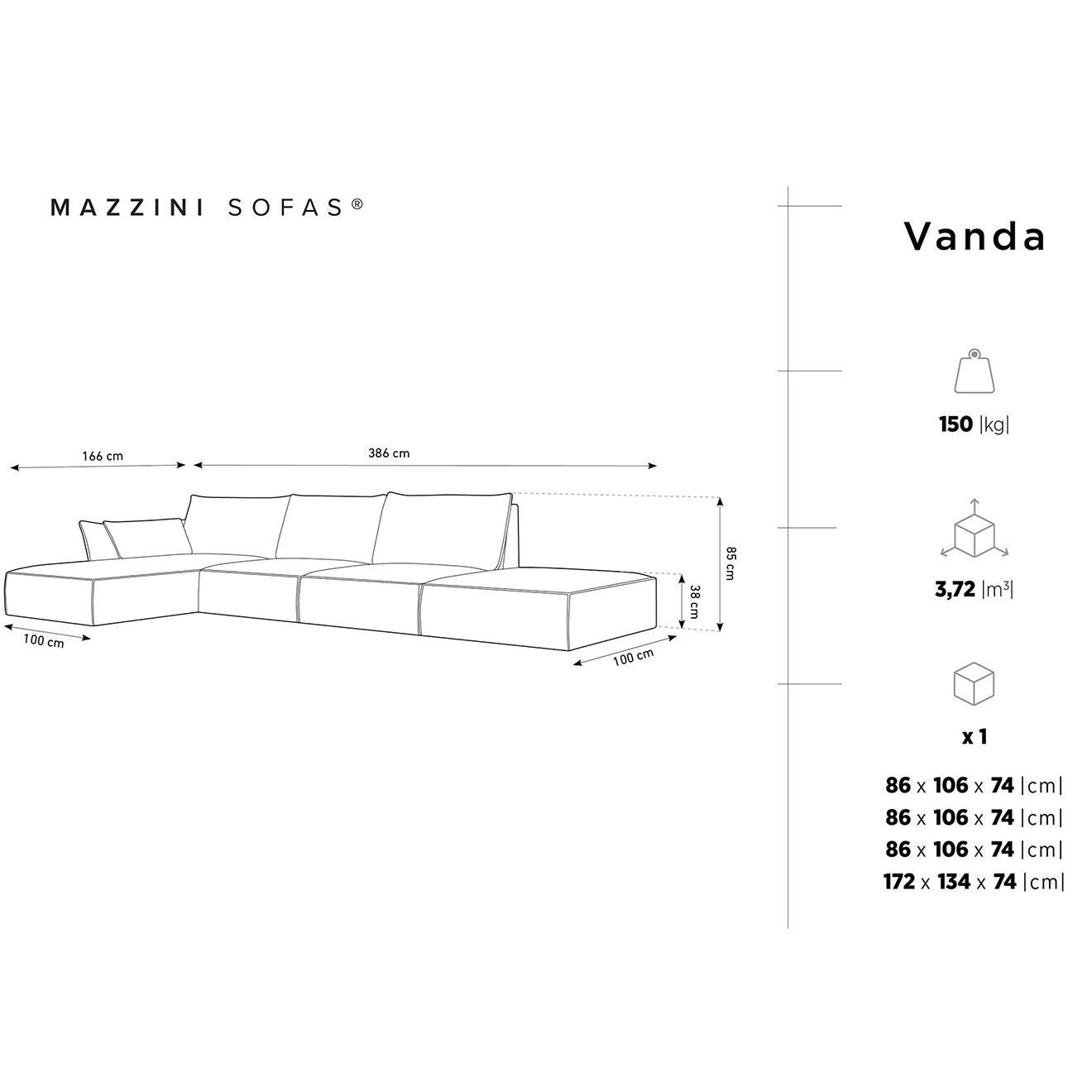 Mazzini Sofas Canapé d'angle gauche Velours Vanda 5 Places noir - 386x166x85 cm