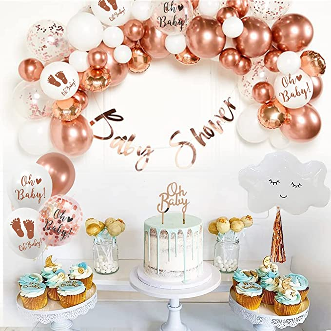 (53-tlg. Set) Baby Shower Party Luftballons / Kuchenstecker / Quasten / Schärpe / Girlanden Deko Gender Reveal / Geburt - Weiss / Roségold