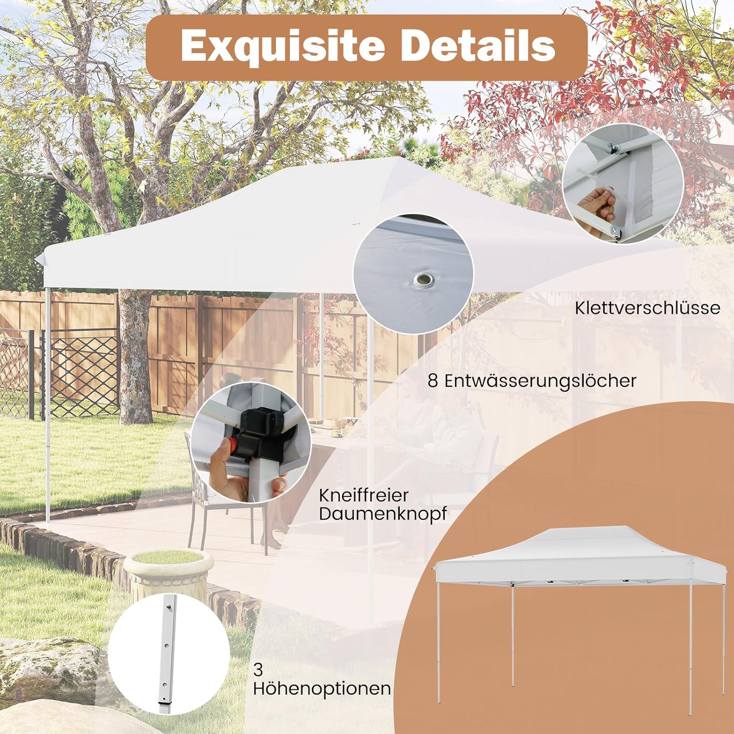 COSTWAY 3x4,5 m Faltpavillon, Pop Up Pavillon Höhenverstellbar mit Rollentasche, 4 Seilen, 8 Heringen, Wasserdicht Gartenpavillon Gartenzelt Partyzelt für Party Hochzeit (Weiß)