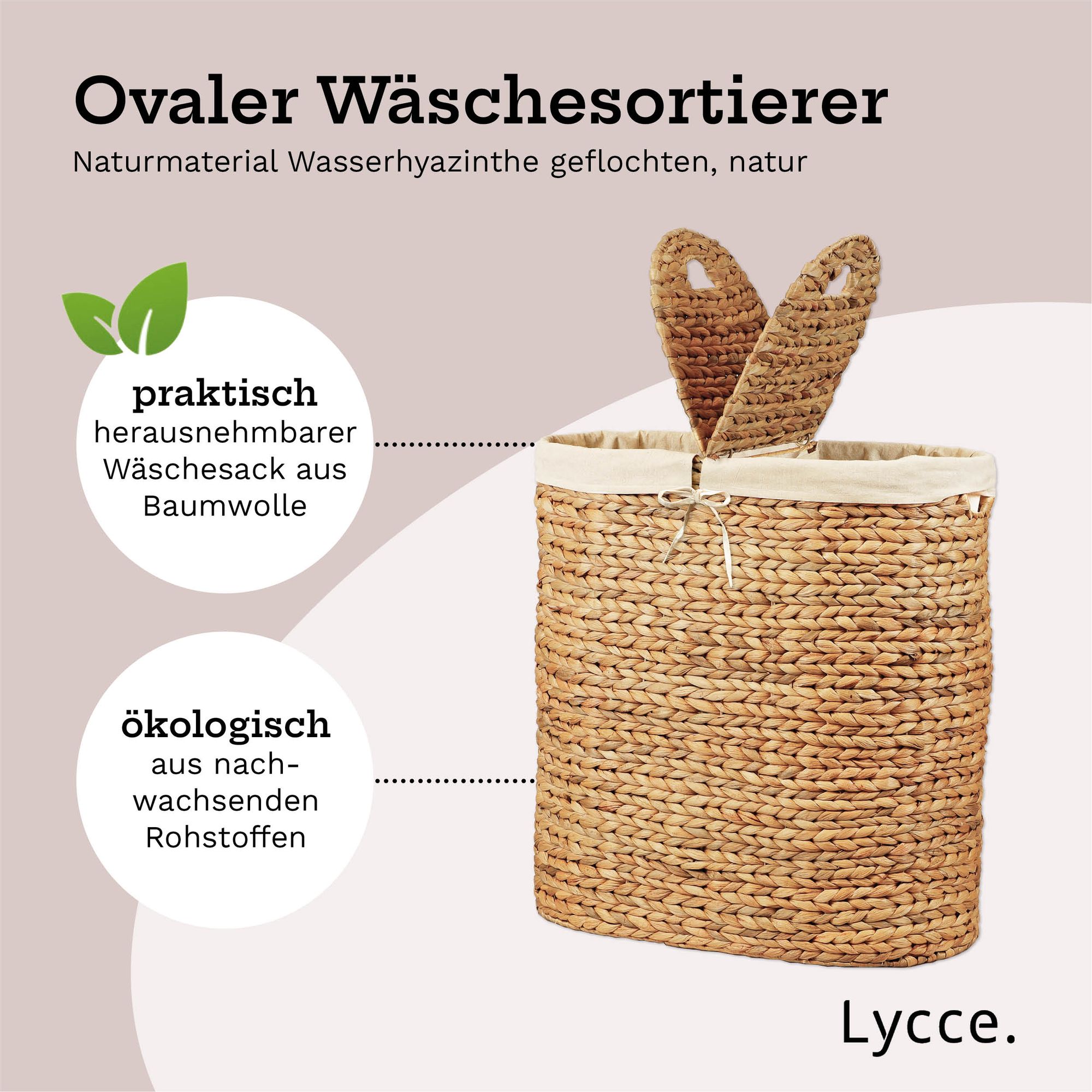 Lycce Wäschekorb aus Wasserhyazinthe, 2 Fächern, Deckel, Wäschesack