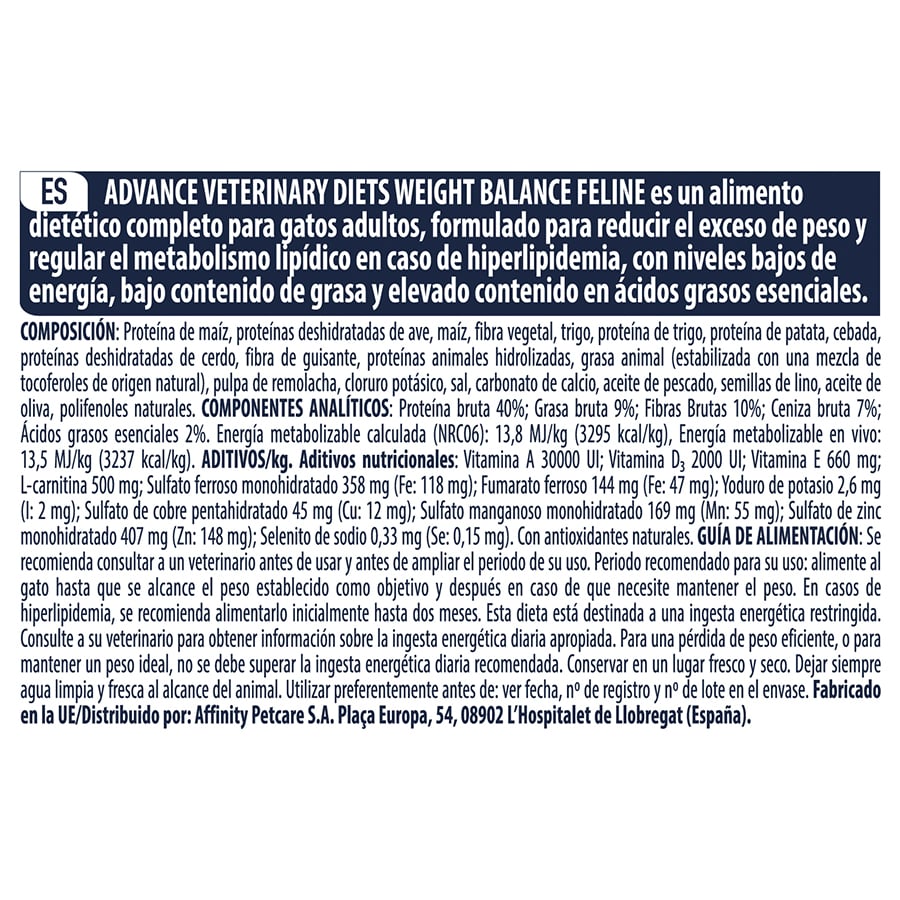 1,5 kg de ração Advance Veterinary Diets Weight Balance para gatos