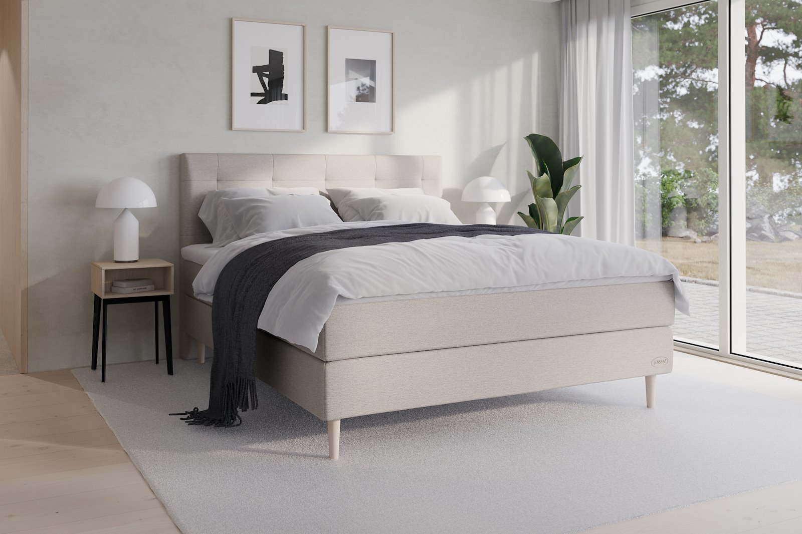 Opal jubileum Exact kontinentalseng 180x210 cm Tekstil 387 Greige, fast/ekstra fast, Exact, seamless, Sleep II overmadrass og Conic 18 cm hvitvasket ben + støtteben, gavl selges separate