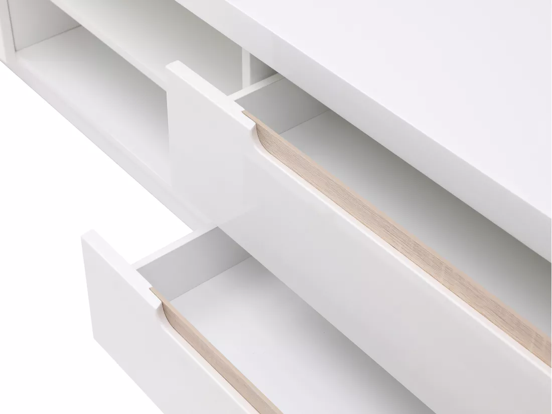 Meuble TV avec 2 portes, 2 tiroirs et 2 niches - Blanc et naturel - NURINI