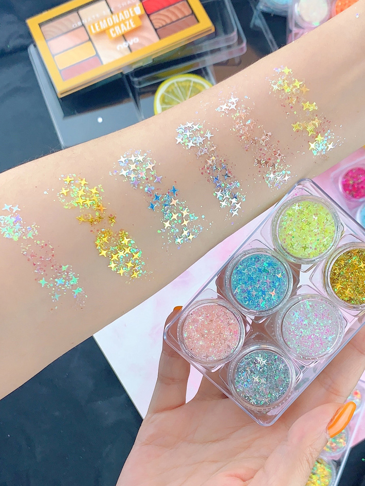 (6er Set) Holographisches Festival Gesichts- und Körper Glitzer Selbstklebende Glitter Gel Lidschatten - Style 2