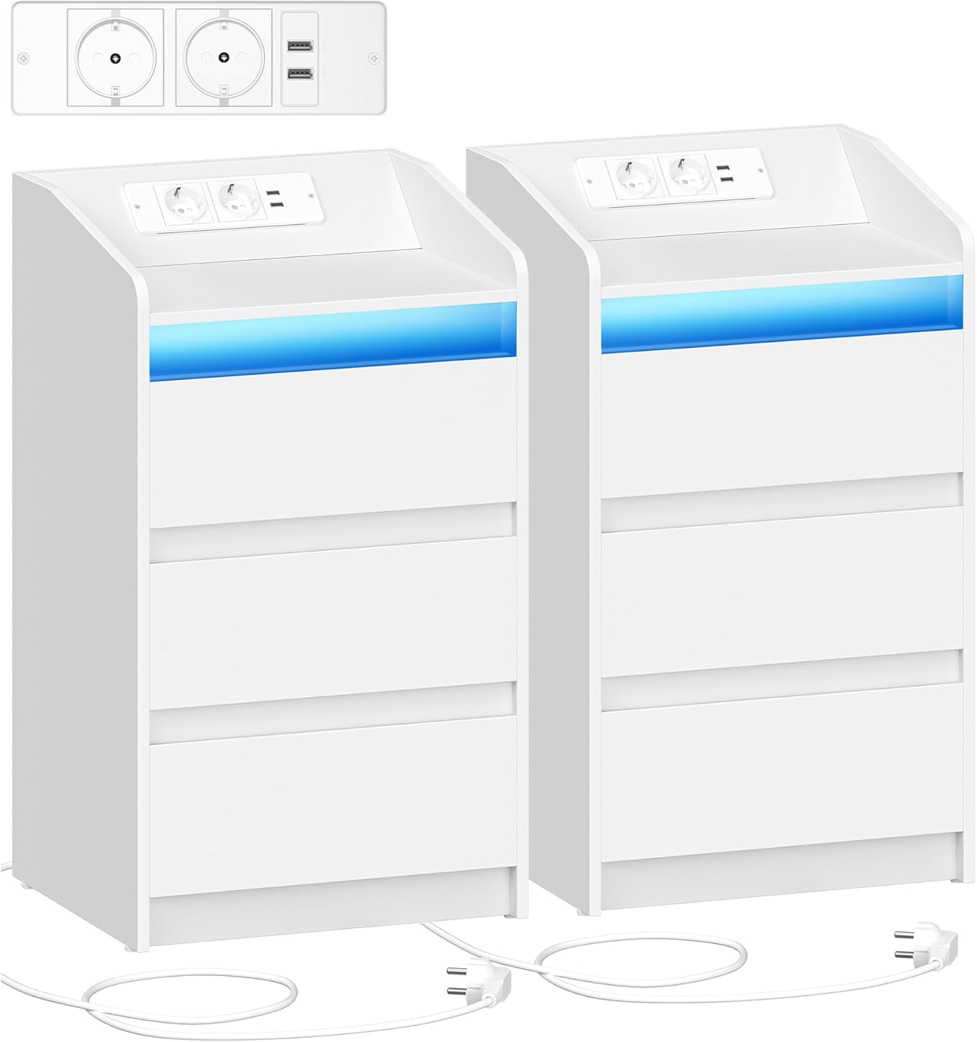 Hzuaneri Nachttisch 2er Set mit 3 Schubladen, Beistelltisch mit Ladestation und LED, 2 AC-Steckdosenund 2 USB-Anschlüsse für Schlafzimmer, Wohnzimmer, Weiß NS40103X