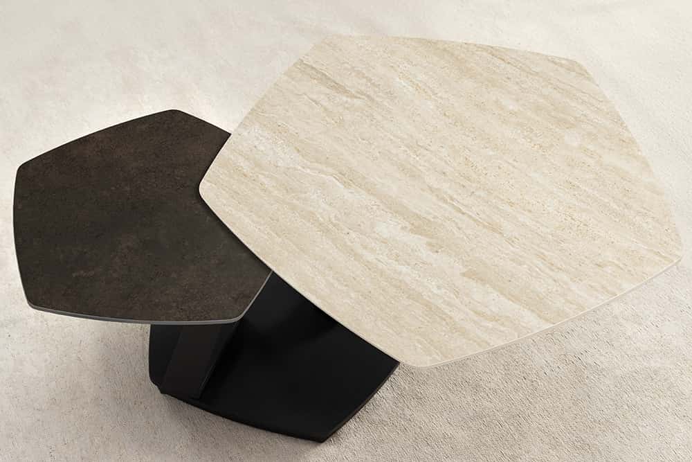 Design Couchtisch MOVEMENT rost Pentagon drehbar Travertin Keramik schwarz Metall