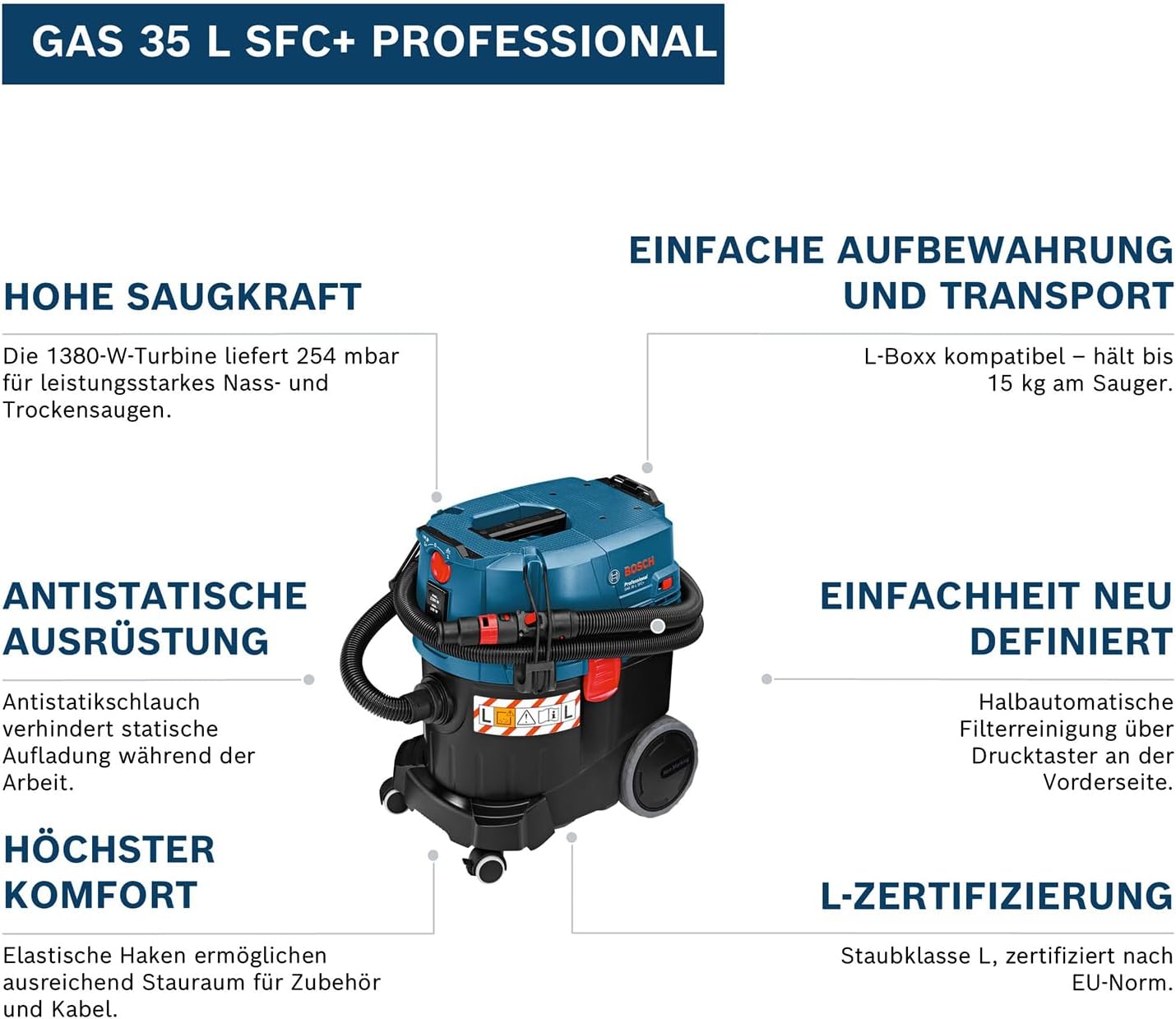 Bosch Professional Nass-/Trockensauger GAS 35 L SFC+ (Leistung 1200 Watt, 35 L Behälter, 3 m Schlauch)