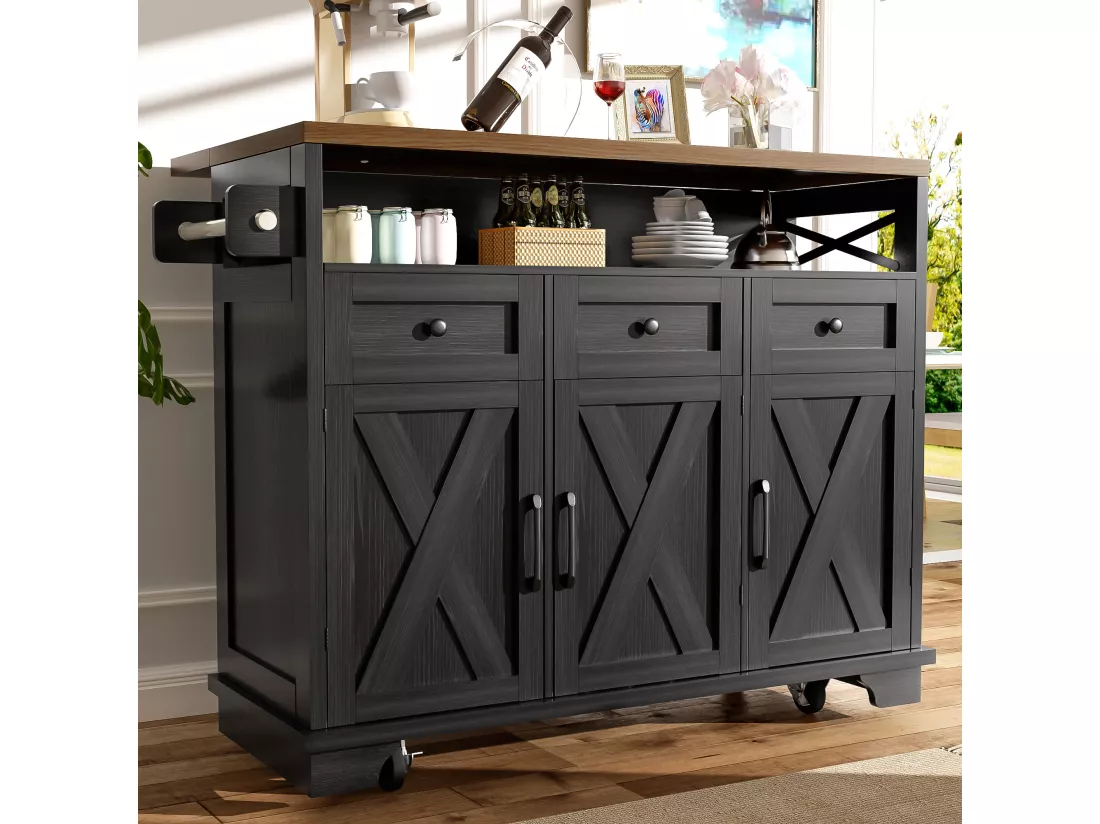 Ilot central de cuisine mobile avec 3 tiroirs, 3 portes et compartiment - 118 x 43/80 x 98 cm - MDF et métal - Noir