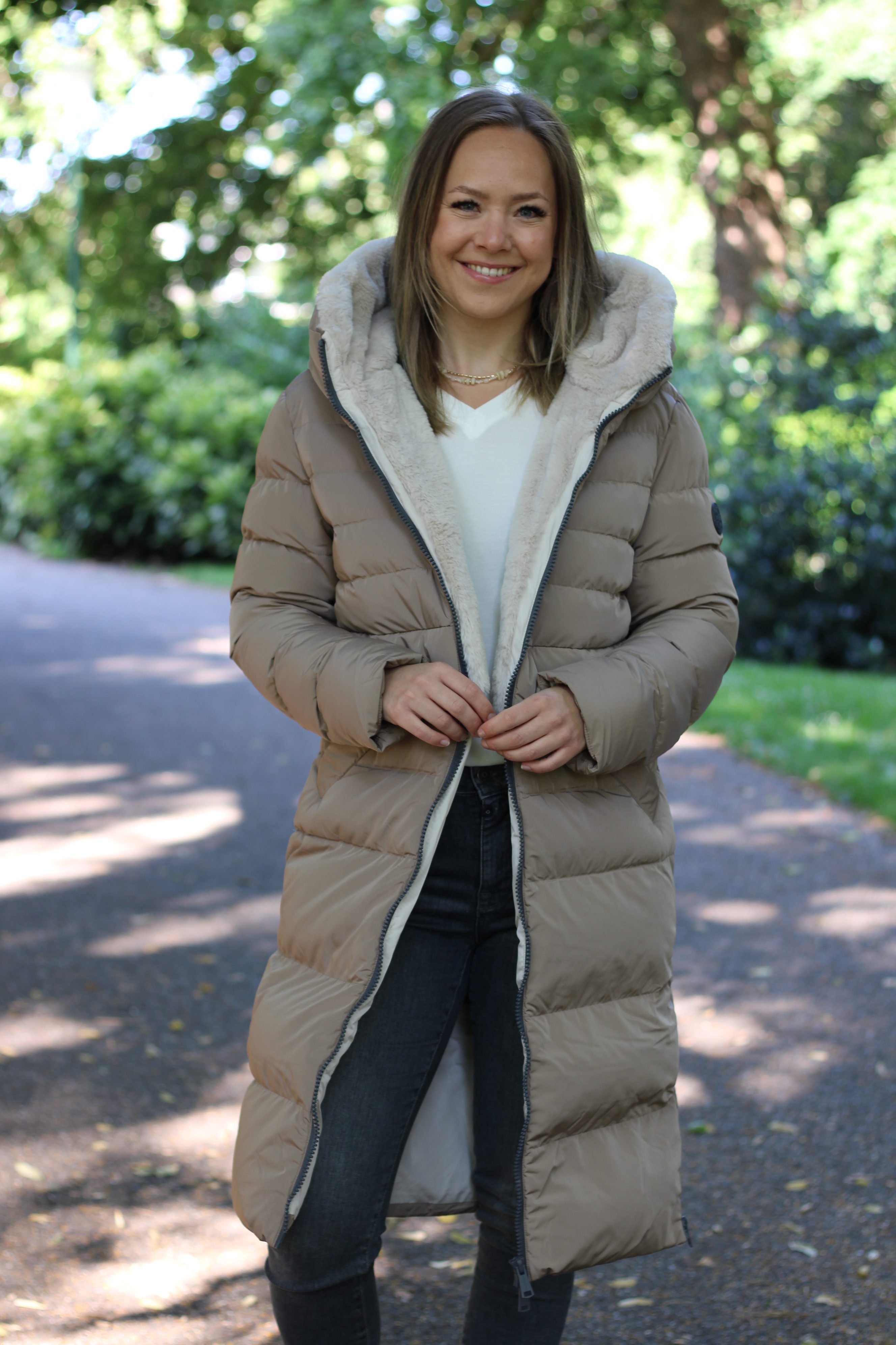 Rino & Pelle - Keila Fur Long Padded Hooded Coat - Toffee/Stone