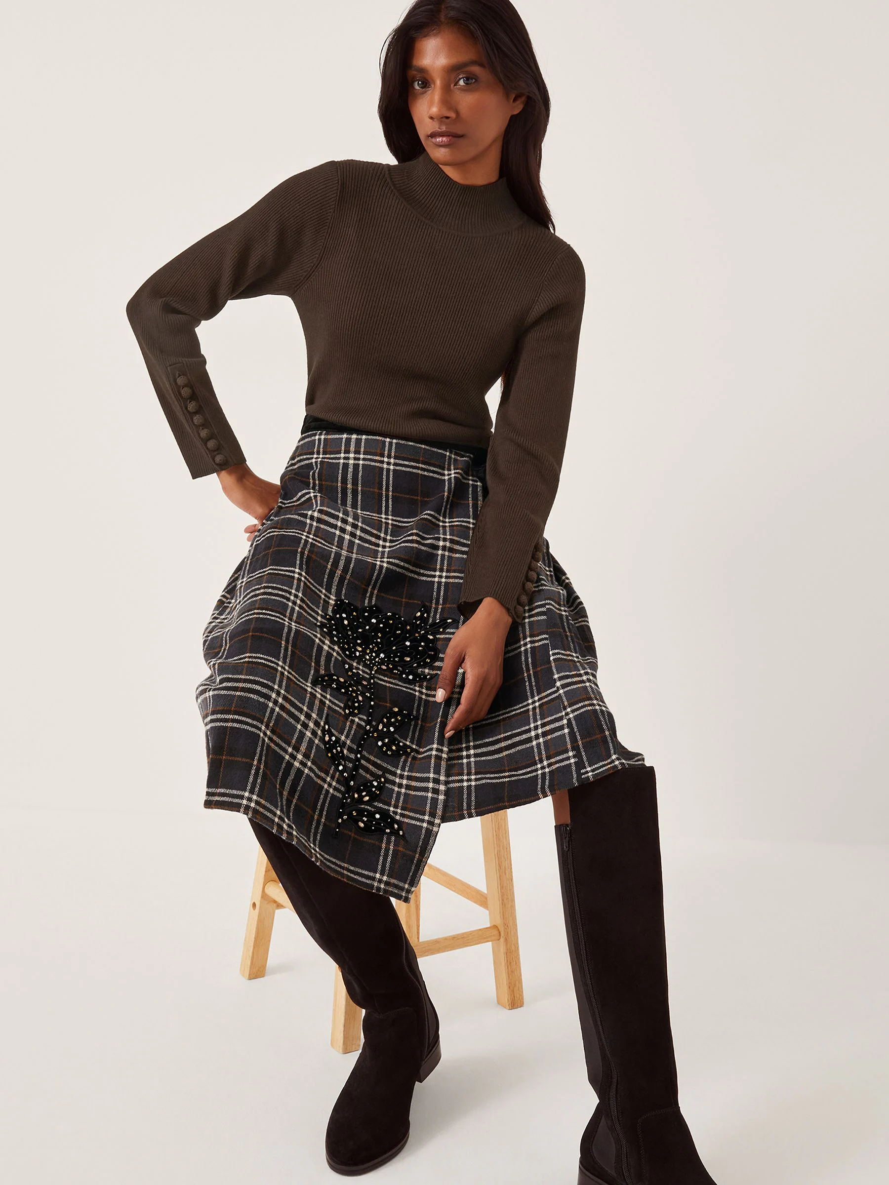 Monsoon Rue Embellished Tartan Wrap Midi Skirt