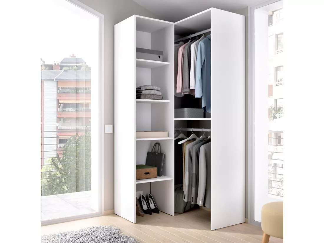 Armoire Dalmic, Structure pour dressing d'angle, Cintre d'angle ouvert, 79x88h186 cm, Blanc