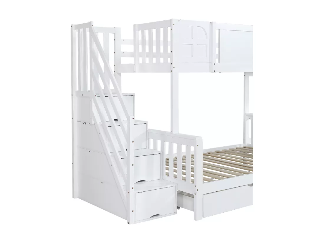 Lit superposé enfant 90x200 cm - avec fenêtre - avec toboggan enfant - tiroirs sur roulettes - escalier avec rampes - bois massif + MDF - blanc (sans matelas)