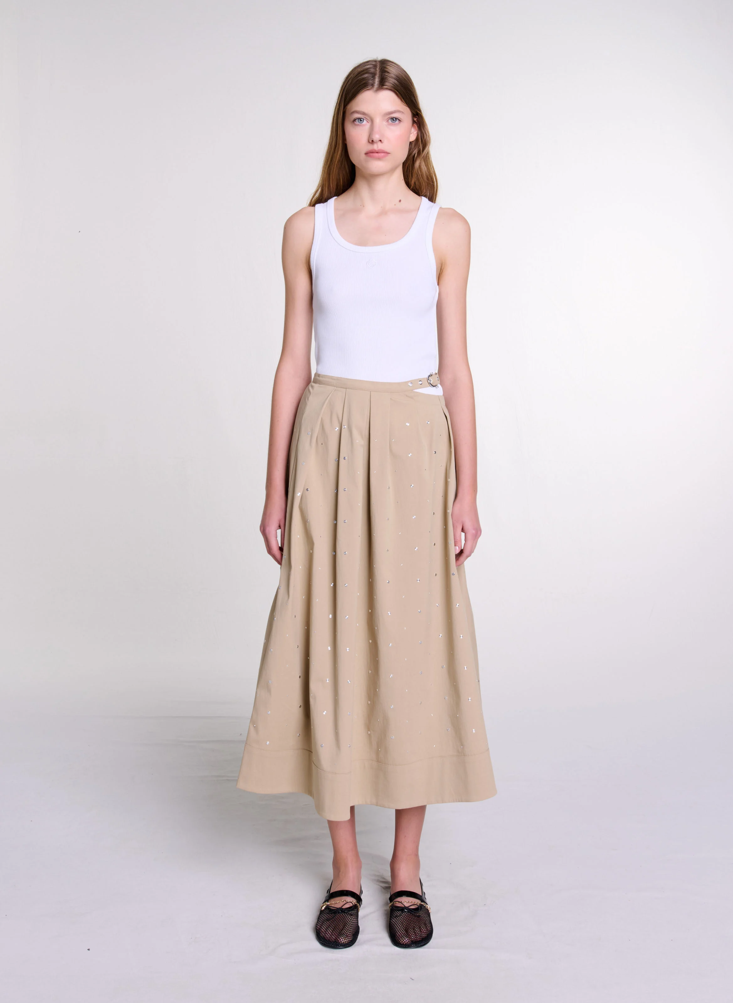 Jupe longue évasée en coton mélangé | Beige