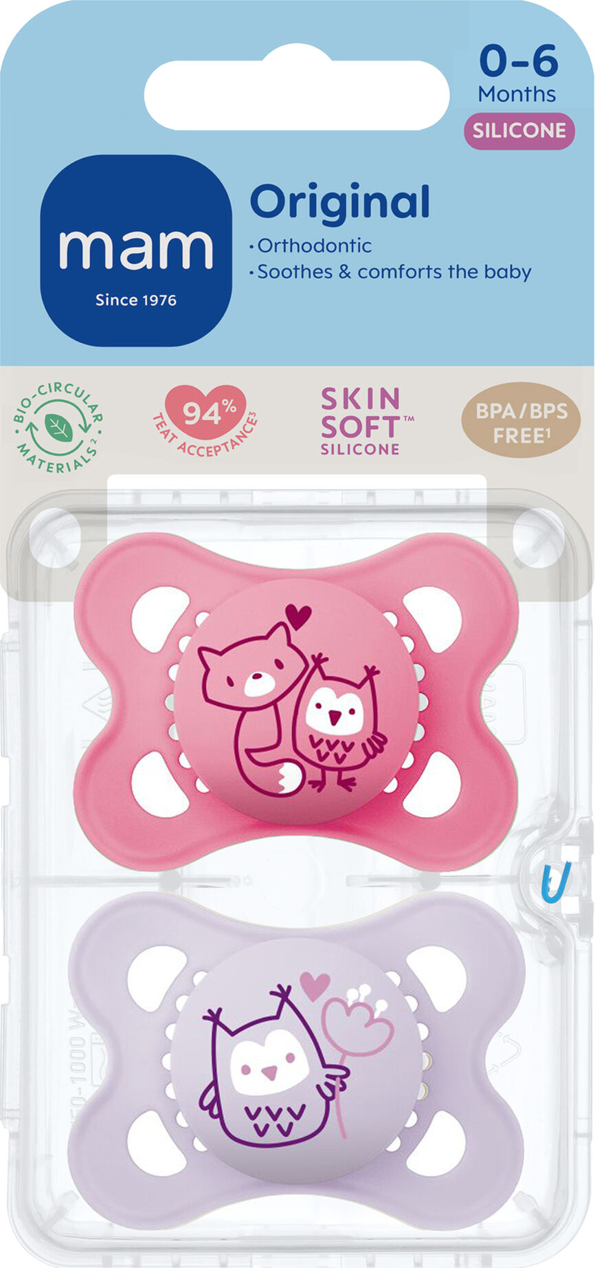 Mam Orignal silicone pink 0-6mnd 2 stk