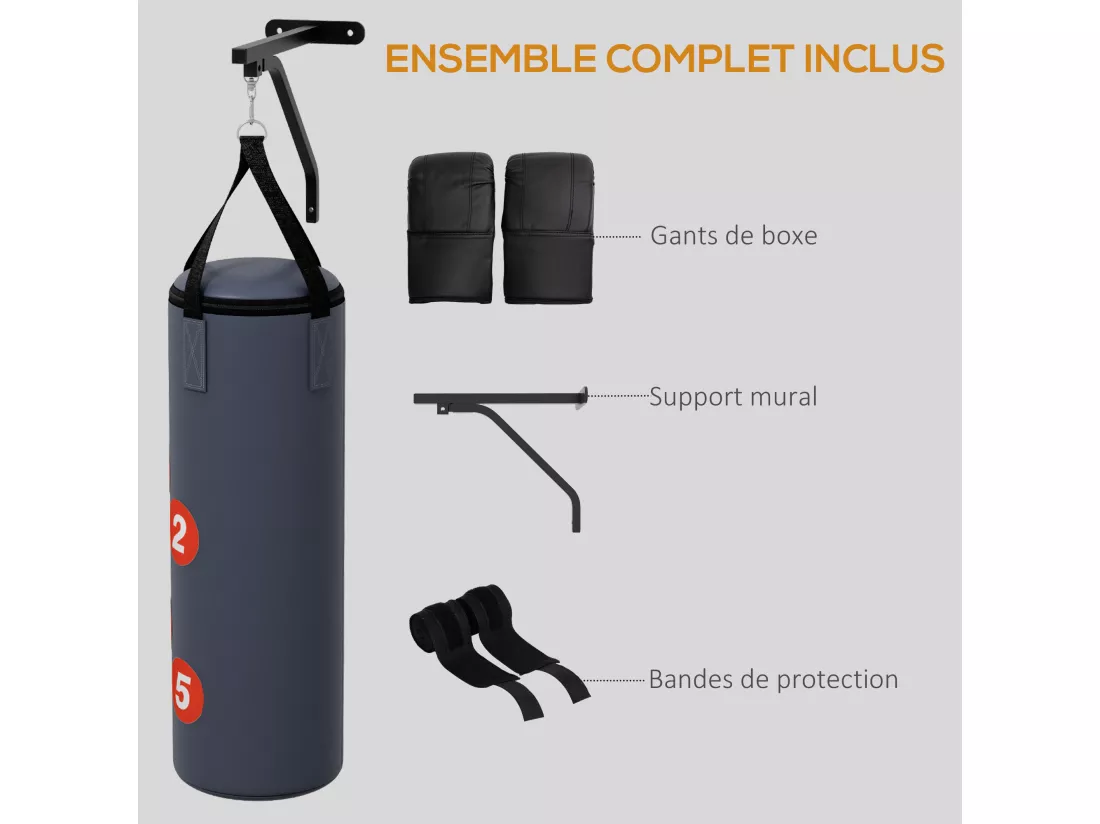 Sac de frappe boxe - support mural, crochet pivotant, gants, bandes inclus - à remplir - acier PU rouge gris