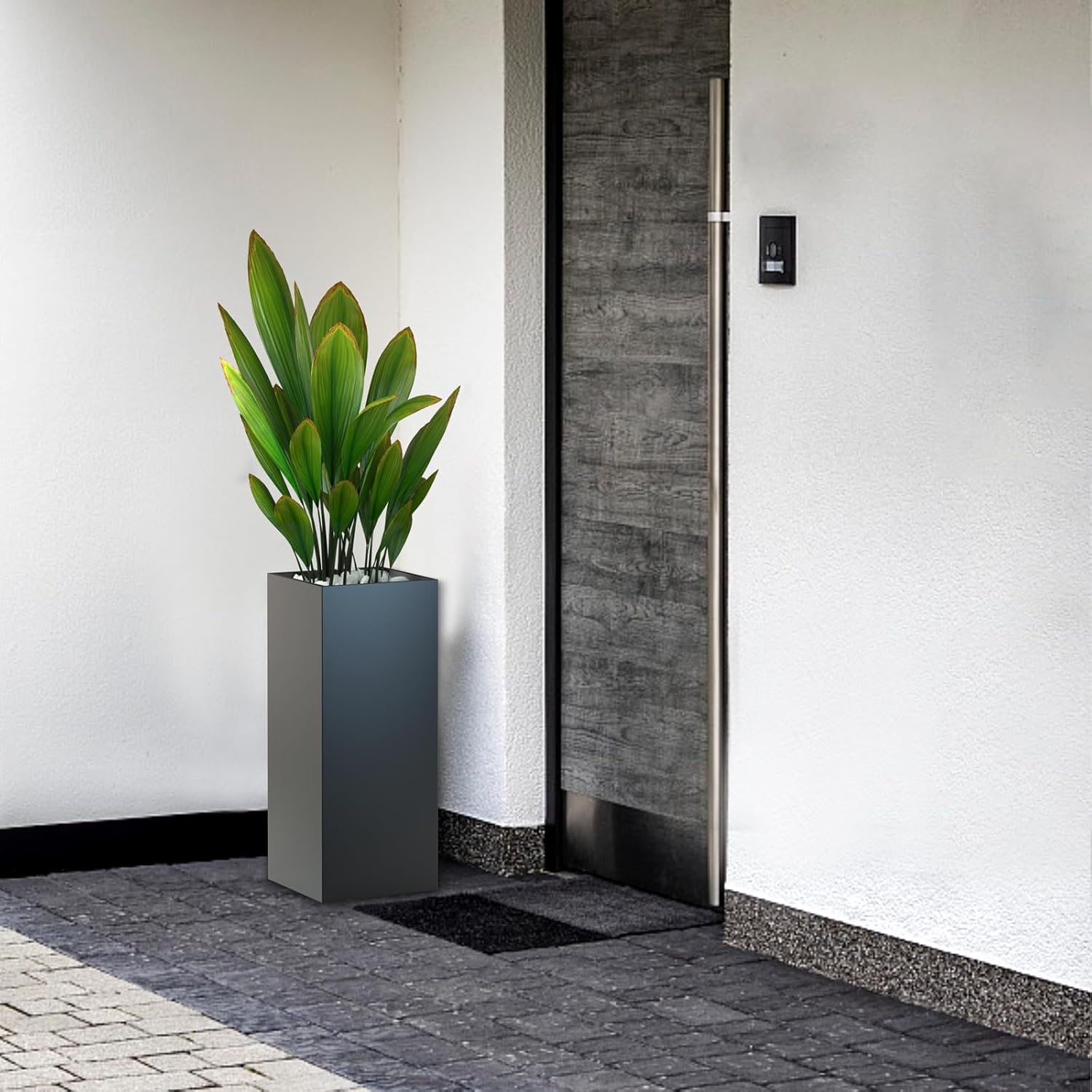 4-in-1 Windlicht Säule Hoch 89 cmTerressenfeuer fur Indoor und Outdoor,Deko Laterne mit Deko-Steine,Tischfeuer Windlicht StandKamin und pflanzkübel bodenvase groß All in One (Schwarz)