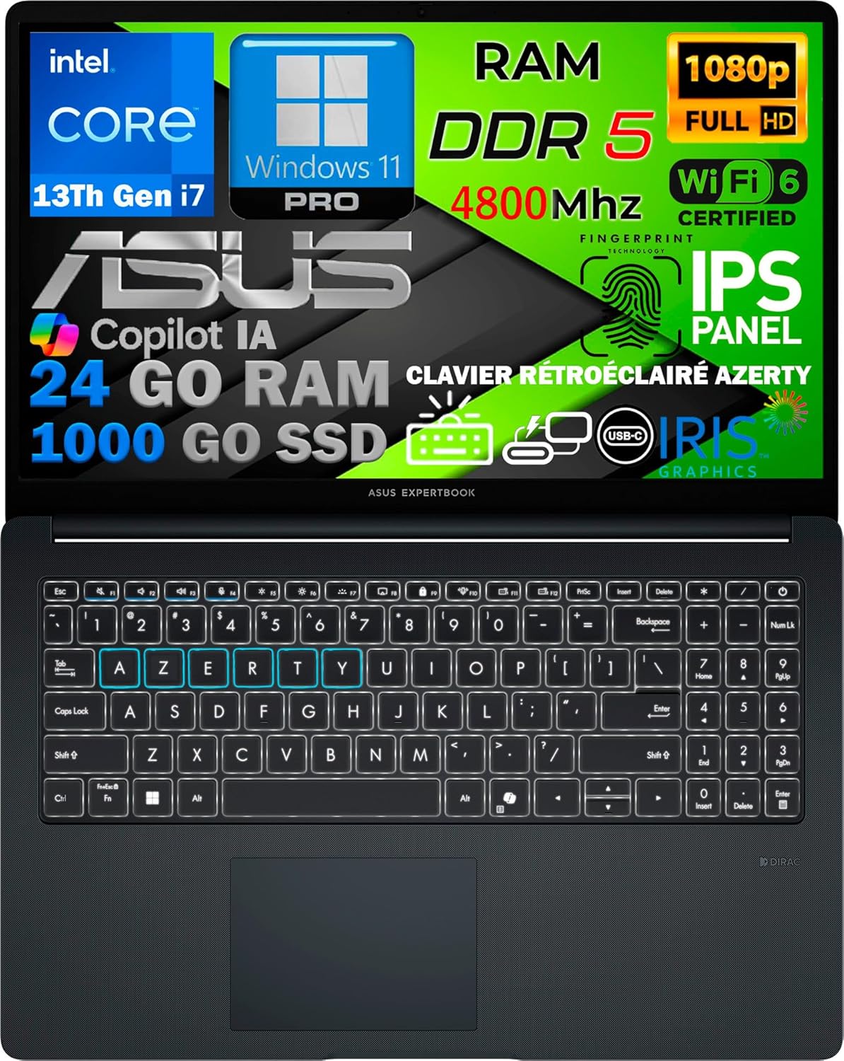 ASUS Ordinateur Portable Intel Core i7 13ᵉ Gén 10 Cœurs, RAM 24Go DDR5, SSD 1To, Écran 15.6