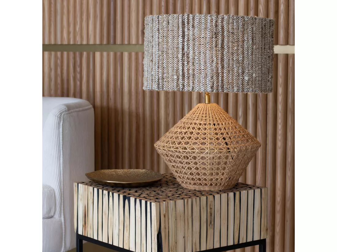 Now's Home - Lampe A Poser En Rotin Naturel Et Tweed Fait Main Ht 48.5cm Lina