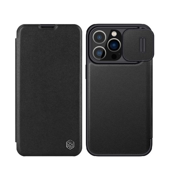 iPhone 14 Pro Leder Tasche Cam-Slider Kameraschutz - Schwarz