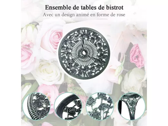 Salon de Jardin 3Pcs en Fonte Aluminium, Ensemble 2 Chaises et 1 Table Ronde Style Antique avec Motif Rose Chaise Charge 150 kg (Vert)