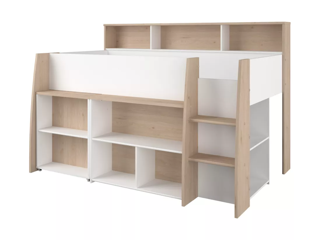 Lit combiné 90 x 200 cm avec bureau et rangements - Blanc et naturel - APOLINO