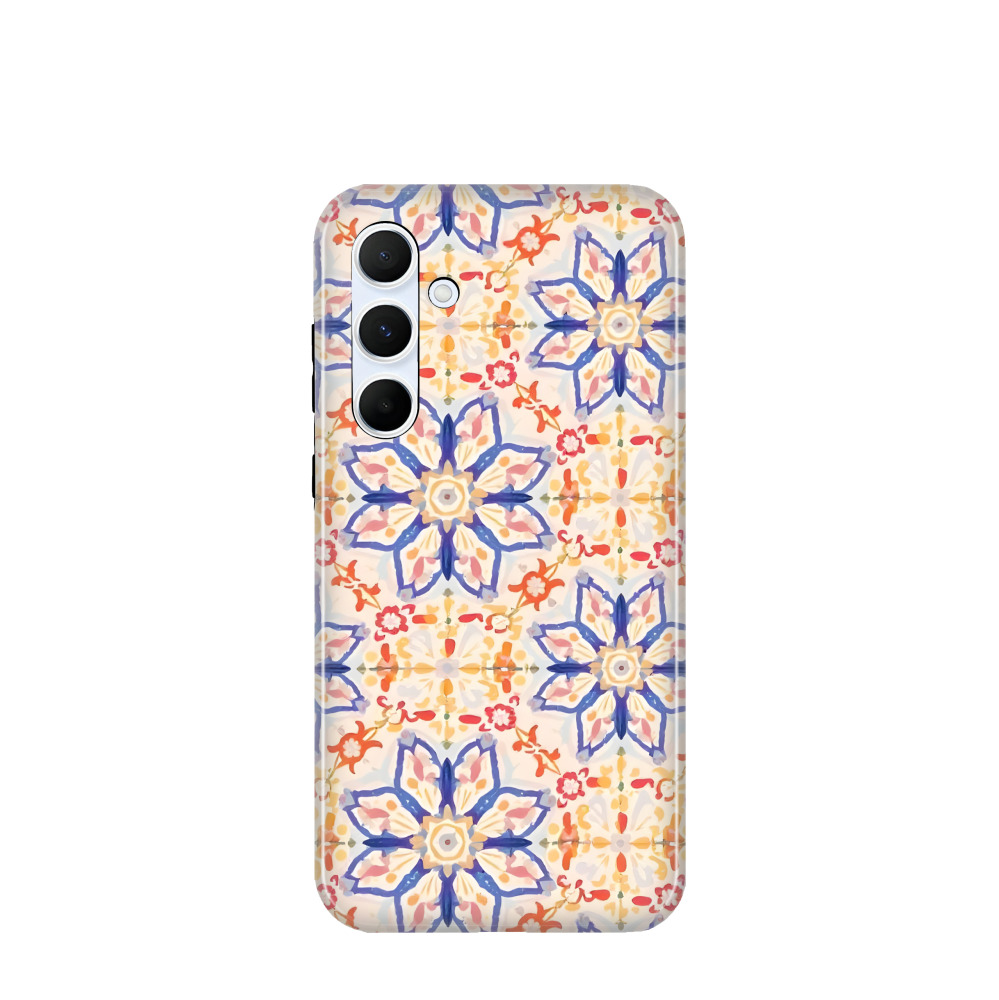 Samsung Galaxy A55 Hybrid (Kunststoff / Gummi) Hülle Majolika-Aquarellblüte - Blau / Gelb / Rot