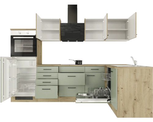 Flex Well hoekkeuken met apparatuur Cara 280 cm groen eiken mat gedemonteerde variant omkeerbaar 00012743