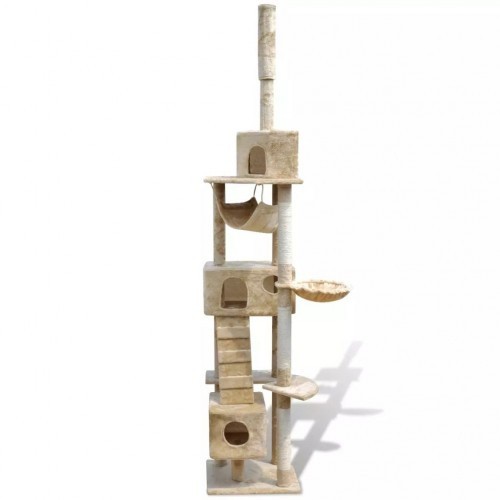 Arranhador bege para gatos com casinhas.