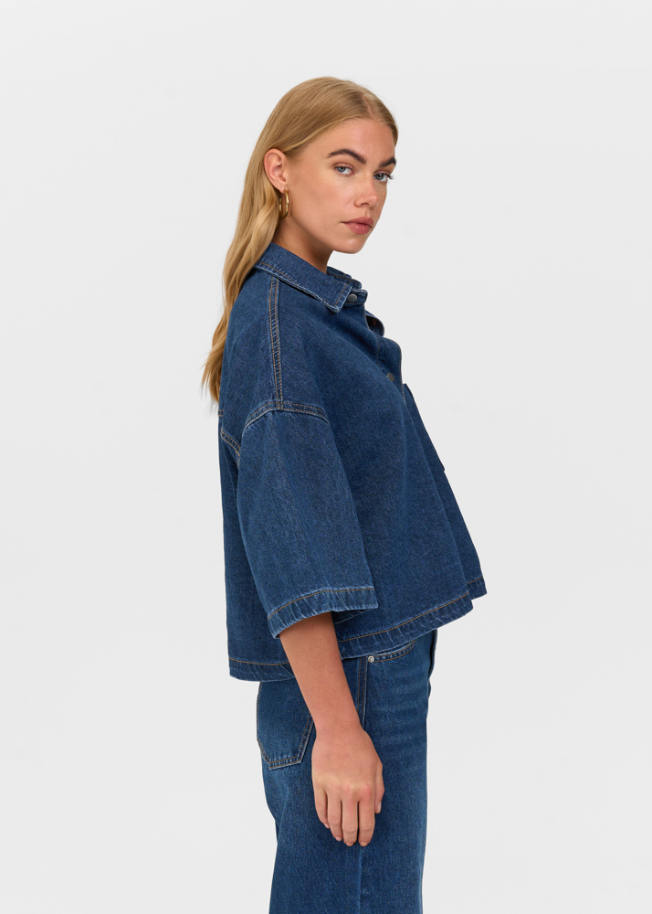 Denim blouse korte mouw indigo blauw