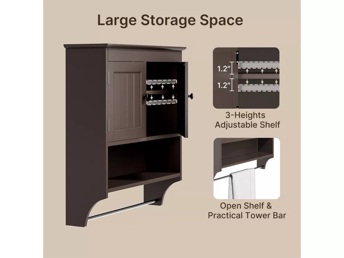 Bealife Meuble de Salle de Bain Mural Marron Foncé avec Étagère à Serviettes