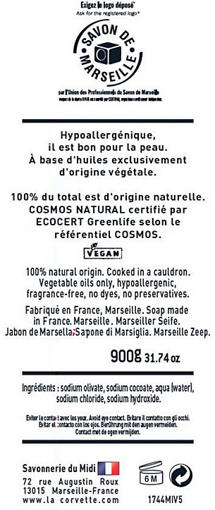 Barre de Savon de Marseille La Corvette Savonnerie du midi olive 900g