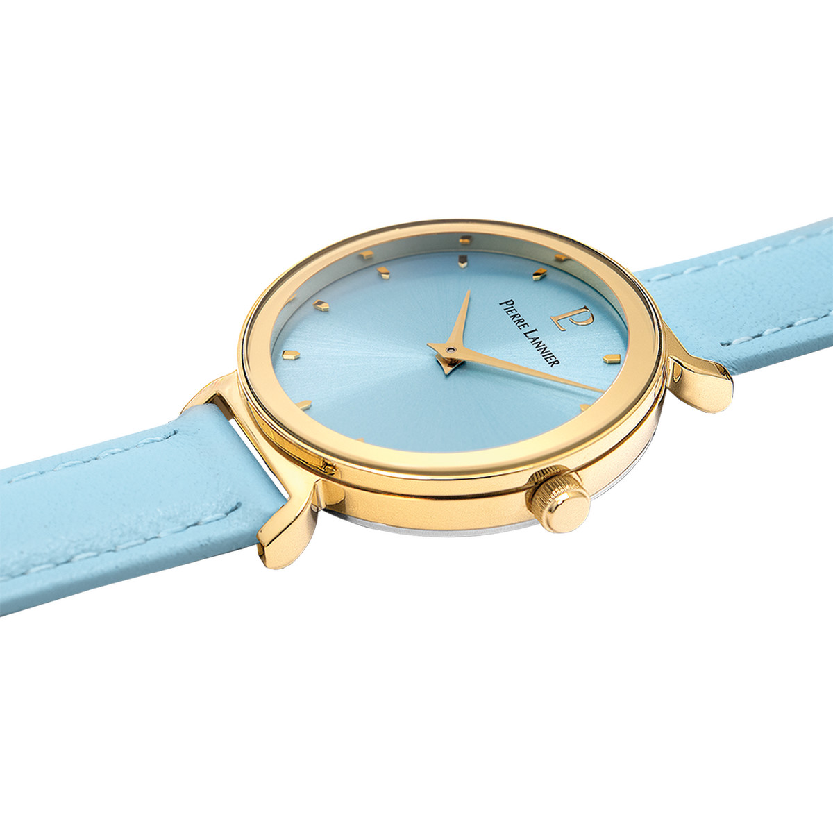 Montre PIERRE LANNIER Ligne Pure femme acier doré jaune bracelet cuir bleu ciel
