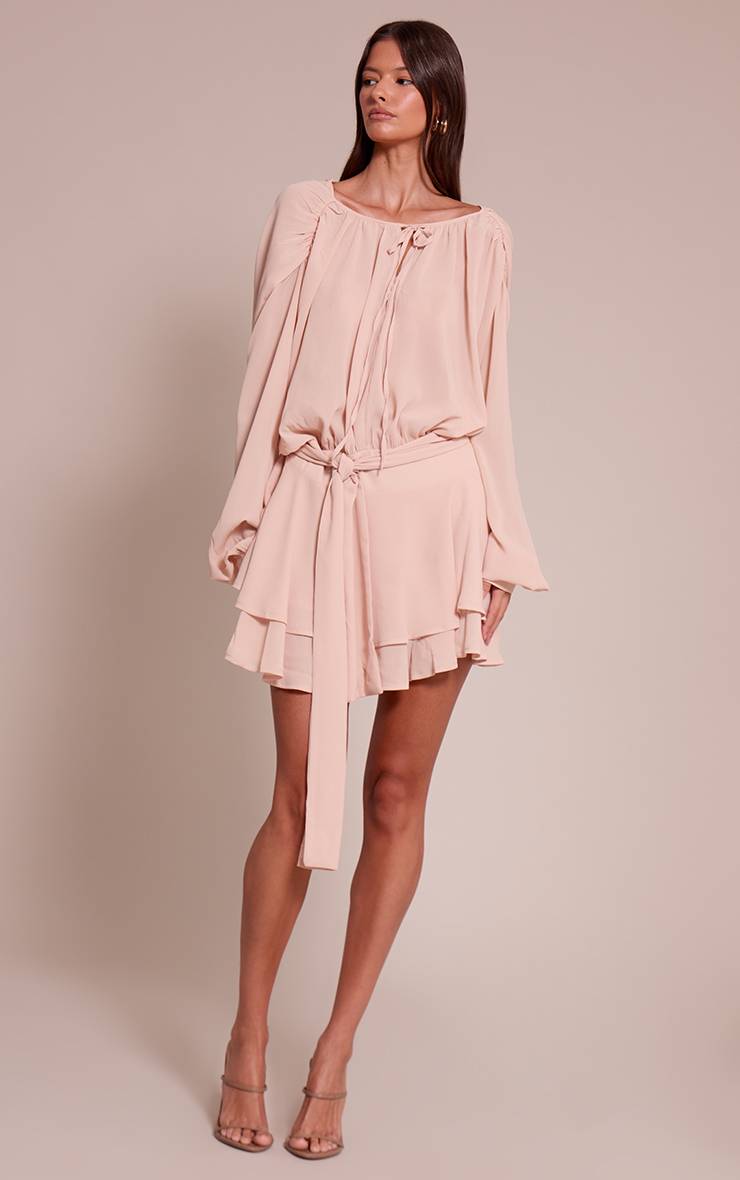 Rose Poudré Robe Courte Droite Cache-cœur En Mousseline Avec Ceinture