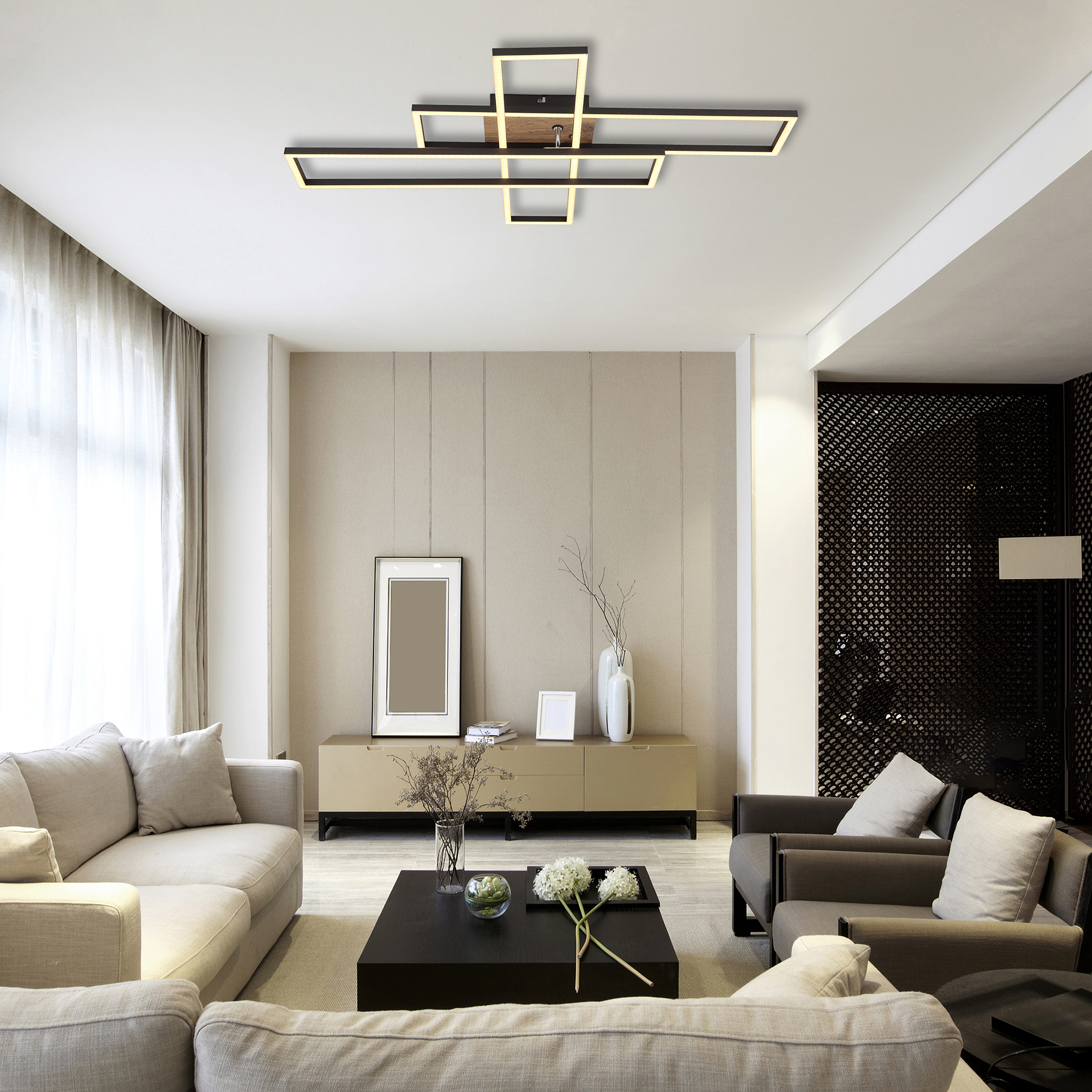 LED-Deckenleuchte - schwarz-Holzoptik-opal - 40 Watt