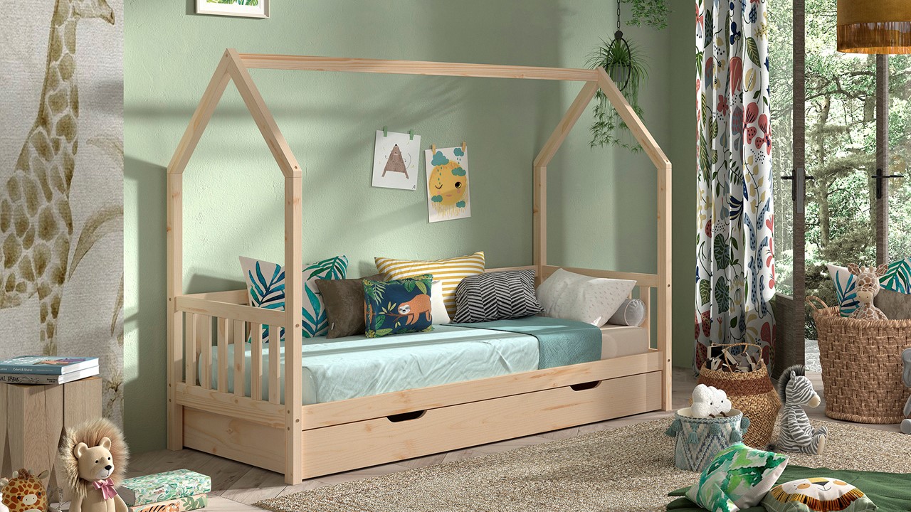 Bed Cabane met hekje en slaaplade naturel