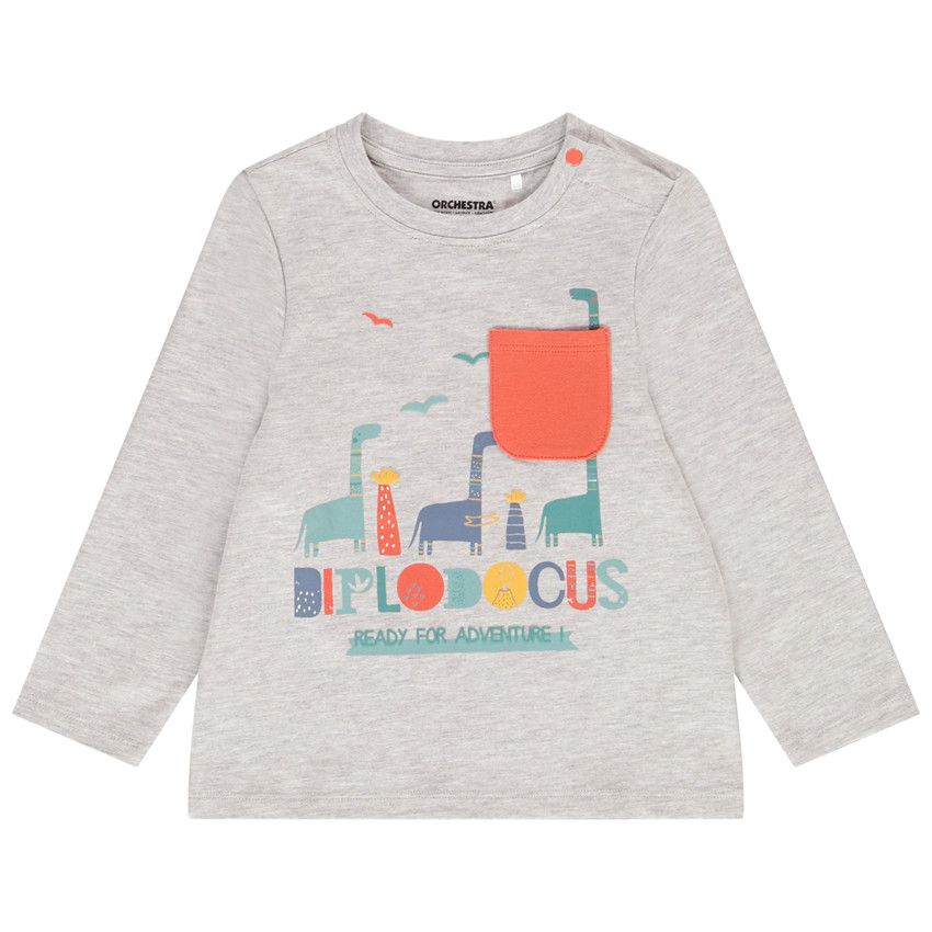 T-shirt manches longues en jersey avec poche et print dinosaures pour bébé garçon - Gris clair