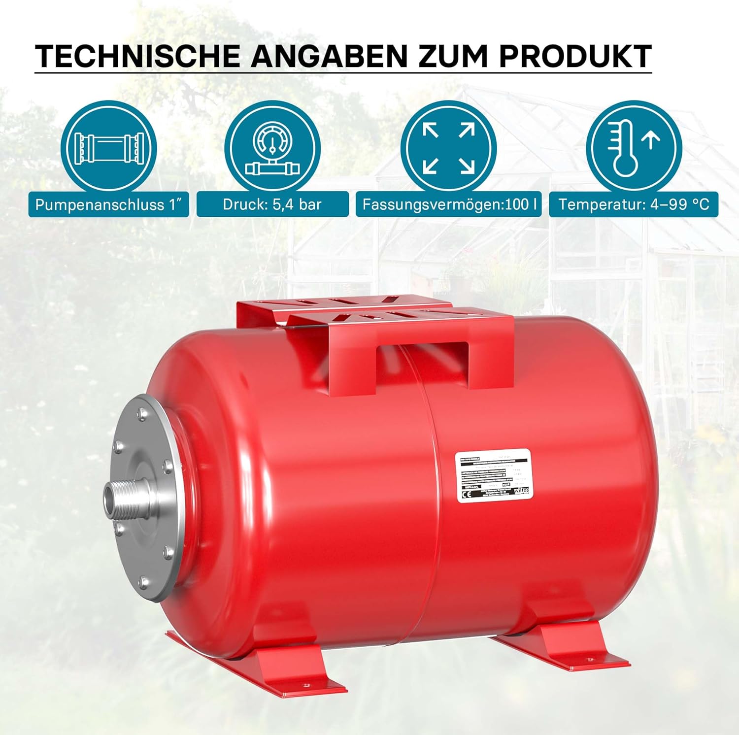 Wiltec Ausdehnungsgefäß 100 Liter, horizontaler Membrankessel für Hauswasserwerke und Druckerhöhungsanlagen mit EPDM Membran