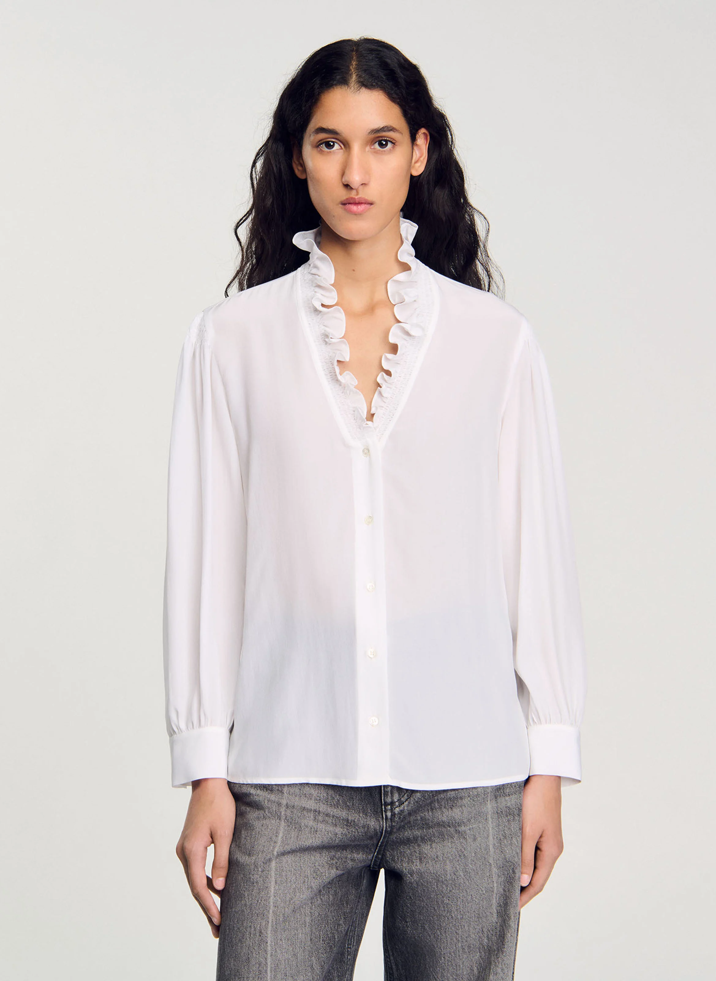 Chemise droite col V en soie | Blanc