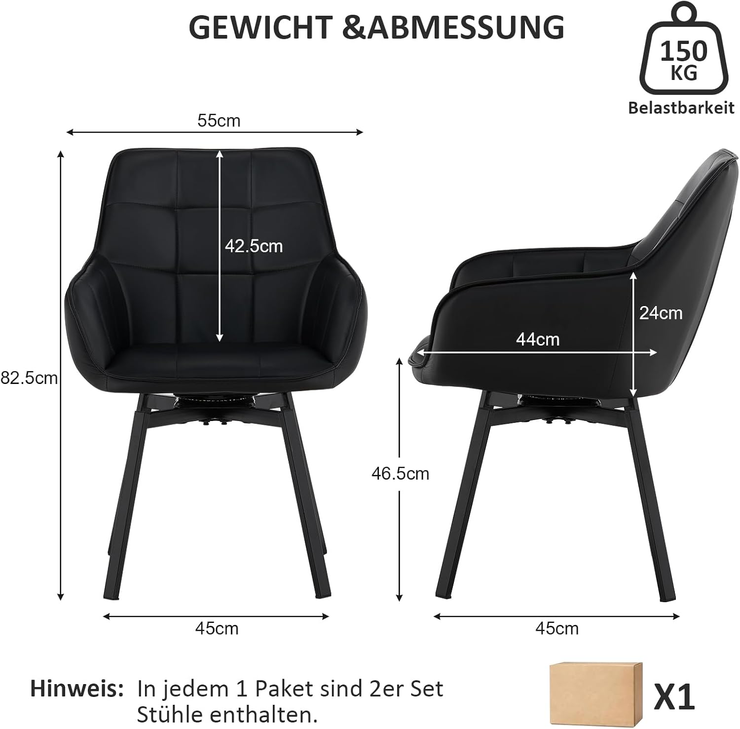 CLIPOP Esszimmerstühle Drehbar 2er Set mit Armlehne, Kunstleder Polsterstuhl Gepolstert Sitz Küchenstuhl Drehstuhl Armlehnenstuhl für Esszimmer Wohnzimmer Büro (2er Set, Kunstleder Schwarz)